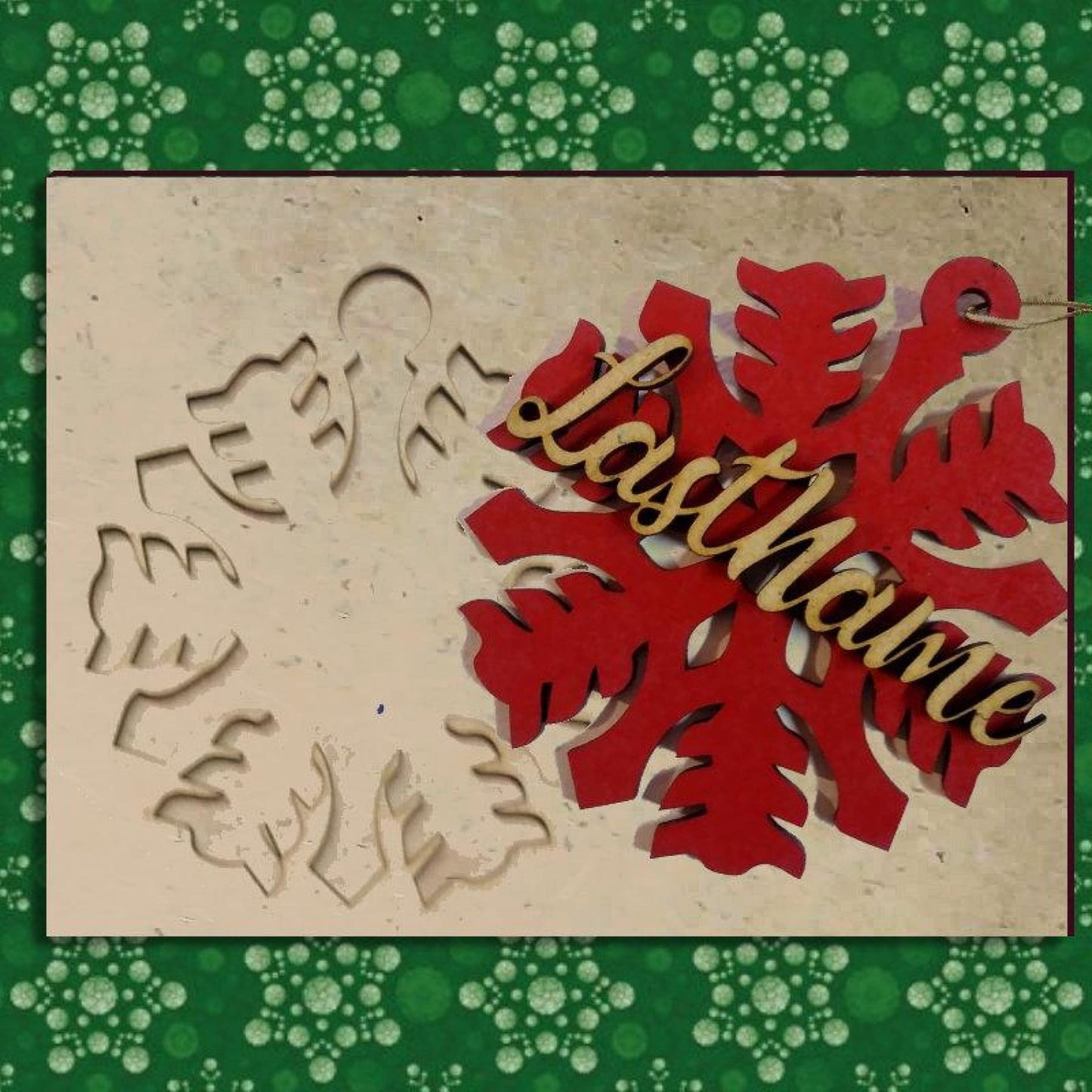 Christmas Ornament Card, on Green with Custom name Snowflake 2