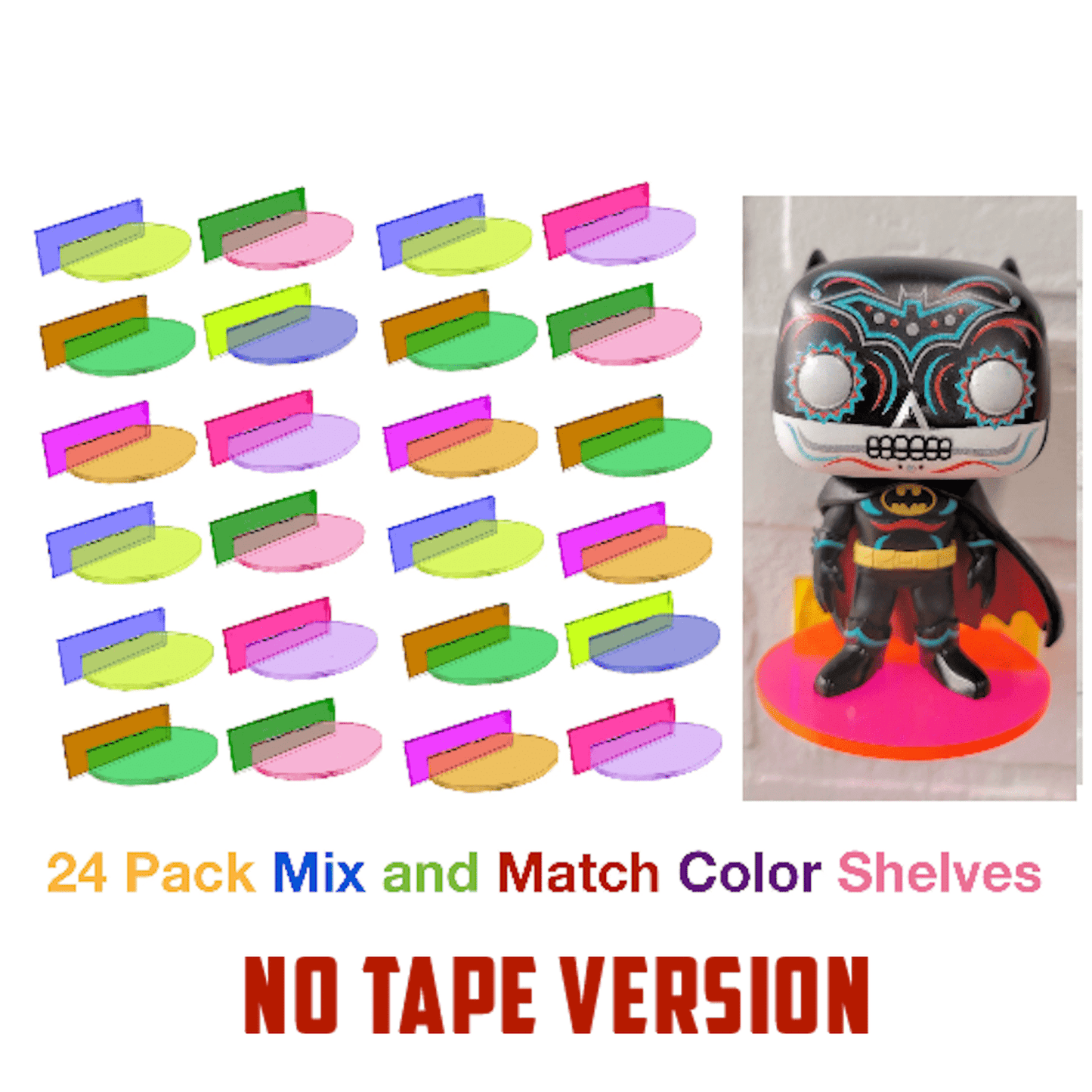 Funko Pop Vinyl Acrylic Wall Stand, Stick On, Single Shelf Neon Colors Mix and Match No tape Version