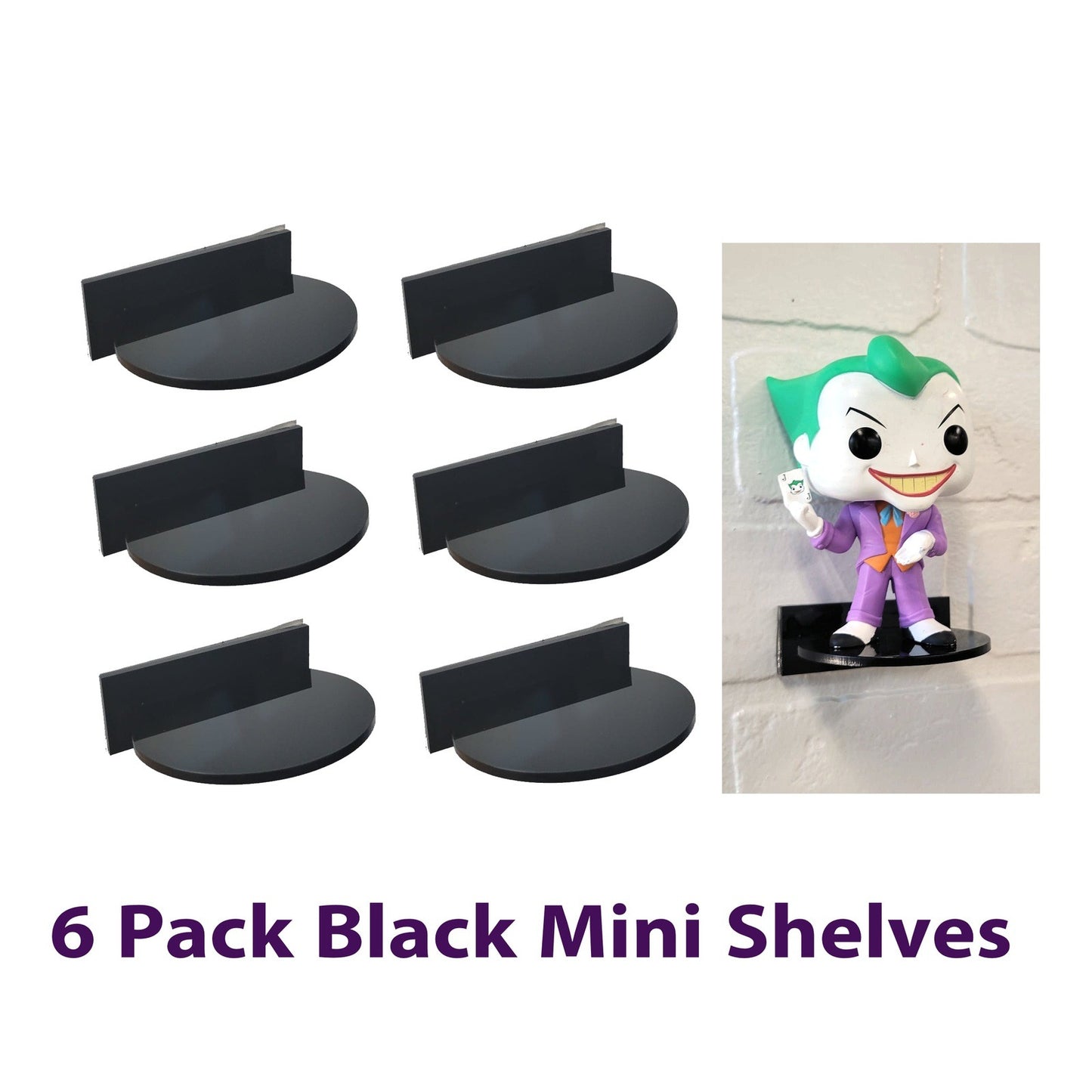 For Funko Pop Vinyl or Pin: Black Acrylic Wall Stand, Stick On, Single Shelf No Nails or Screws