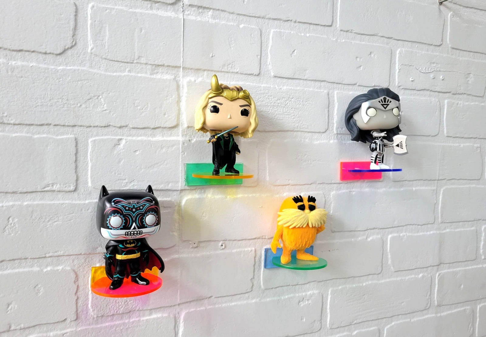 Funko Pop Vinyl and Funko Pin: Acrylic Wall Stand, Stick On, Single Shelf Neon Colors Mix and Match