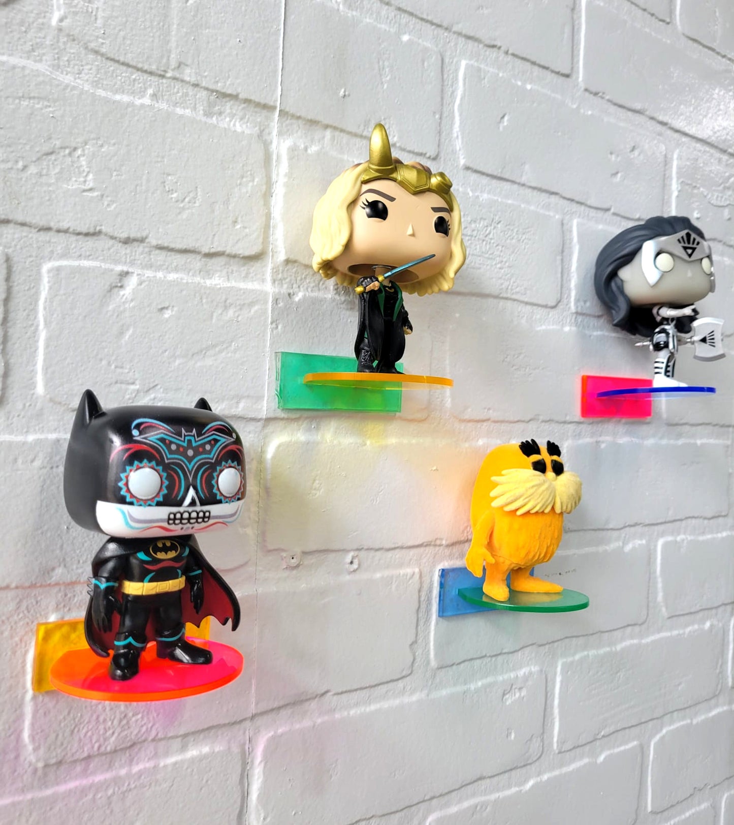 Funko Pop Vinyl and Funko Pin: Acrylic Wall Stand, Stick On, Single Shelf Neon Colors Mix and Match