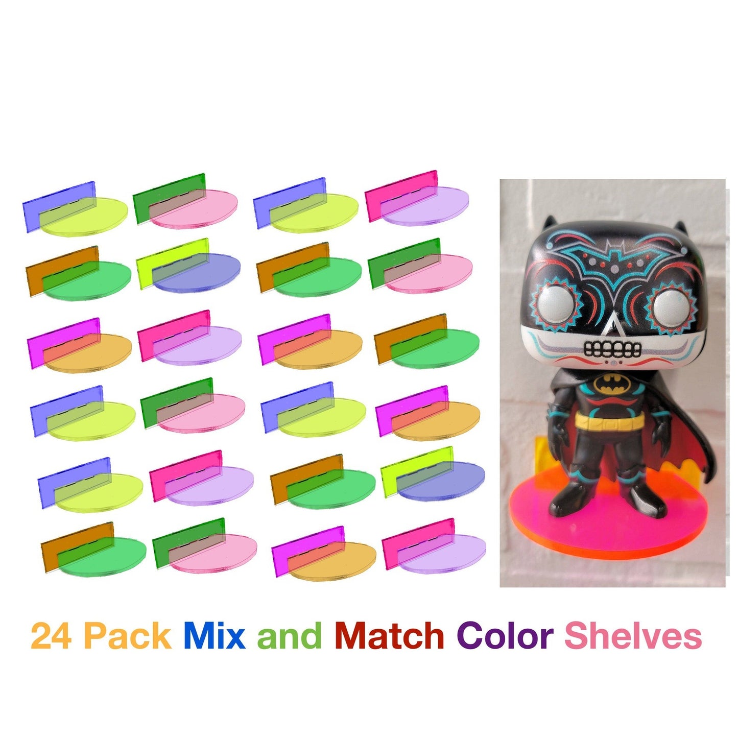 Funko Pop Vinyl and Funko Pin: Acrylic Wall Stand, Stick On, Single Shelf Neon Colors Mix and Match