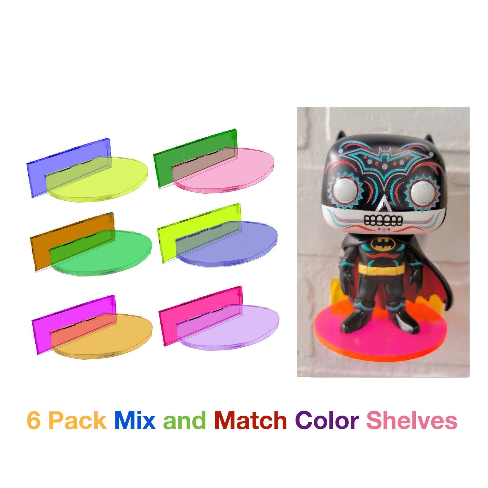 Funko Pop Vinyl and Funko Pin: Acrylic Wall Stand, Stick On, Single Shelf Neon Colors Mix and Match